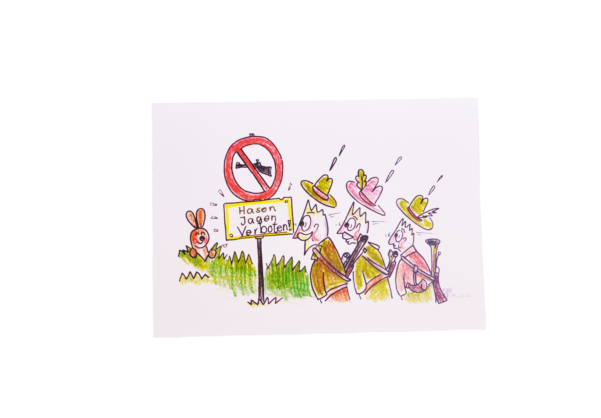 Klappkarte mit Jagdmotiv, Hasen jagen verboten